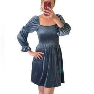 Black Tape velvet smocked dress blue puff long sleeves size M fits size Small